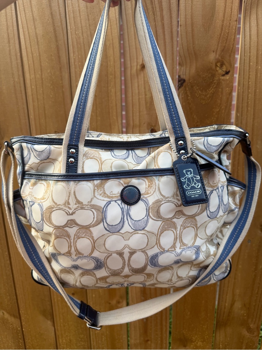 Coach Signature Canvas Diaper bag in Beige and Navy